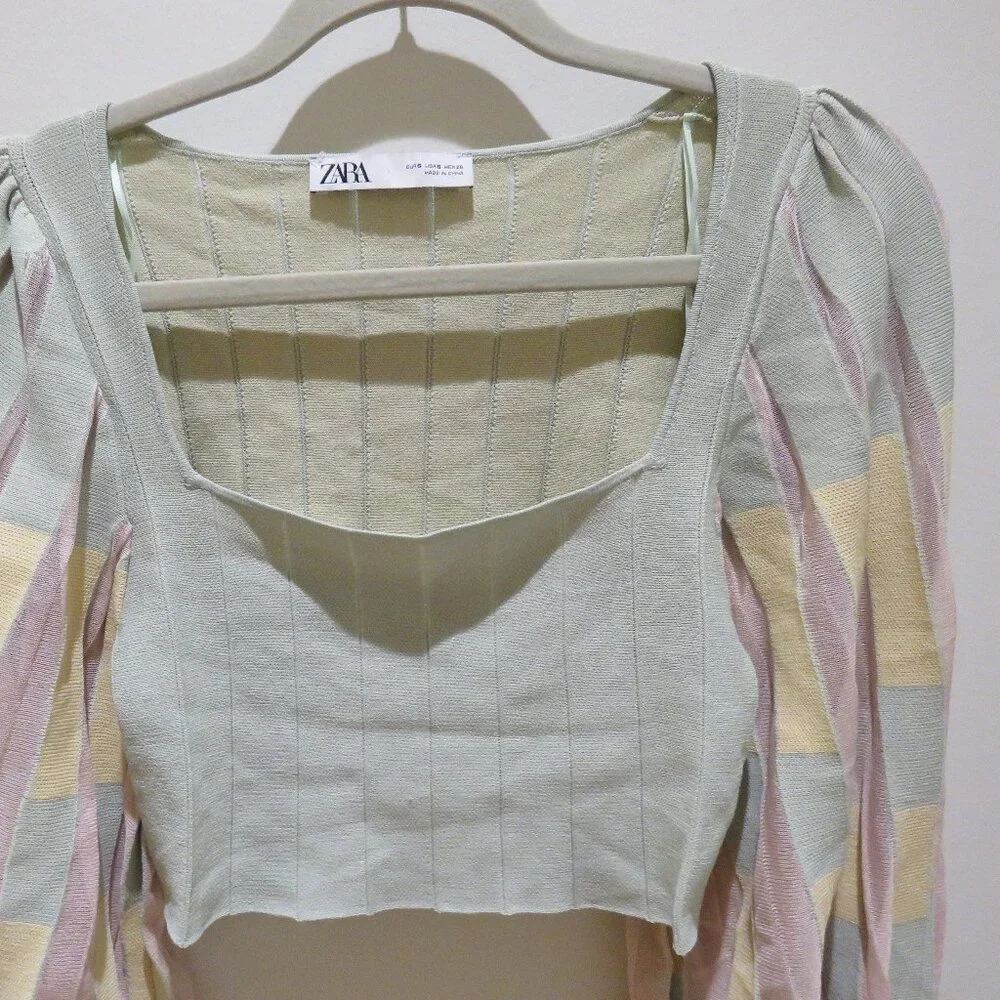 ZARA Pastel Balloon Sleeve Square Neck Knit Cropped Top Fairy Boho Romantic Sz S